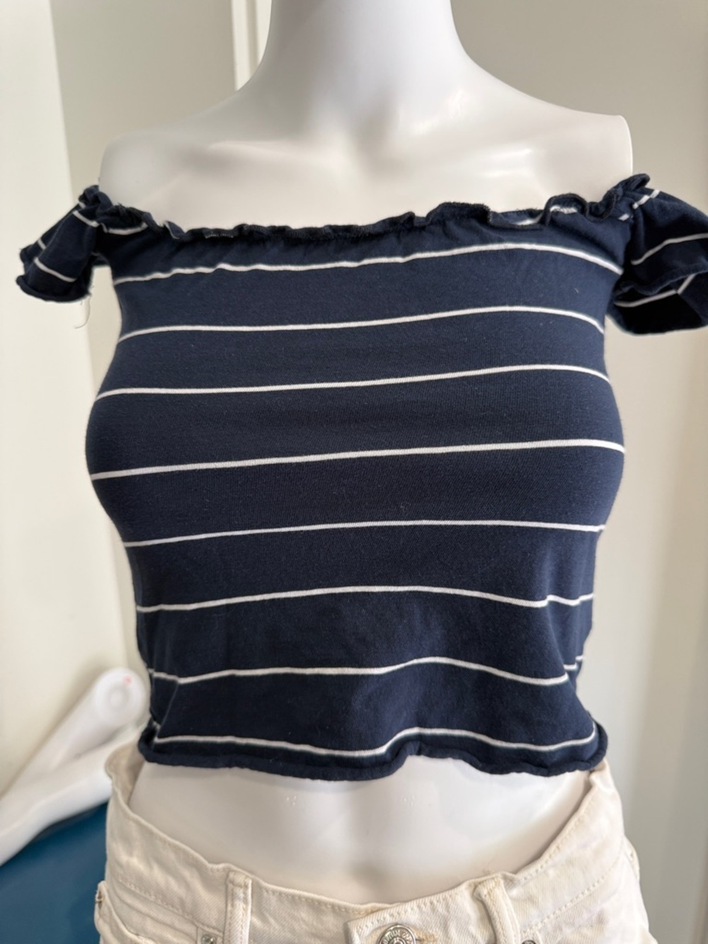 Brandy Melville Navy and White Striped Off-Shoulder Crop Top